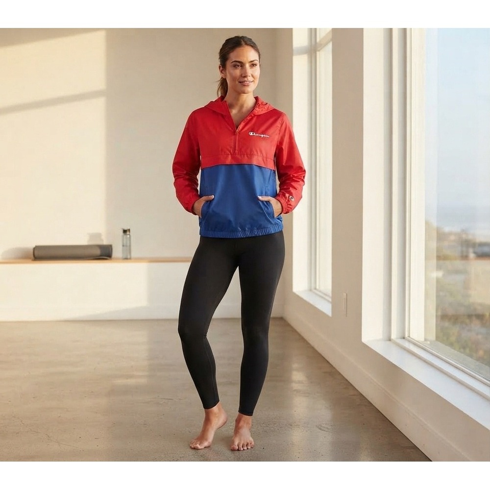 Champion Windbreaker Women Small Red Blue Good Quarter Zip Hooded Colorblock